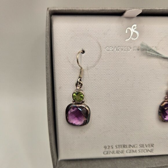 New 925 Sterling Silver Peridot Amethyst Earrings Dangle - Picture 2 of 5
